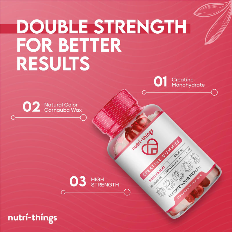 Creatine Gummies - 4000mg Muscle Growth Support - Delicious Strawberry Flavor - Convenient 30-Day Supply (60 Gummies) - Non-GMO, Gluten-Free - Natural Ingredients