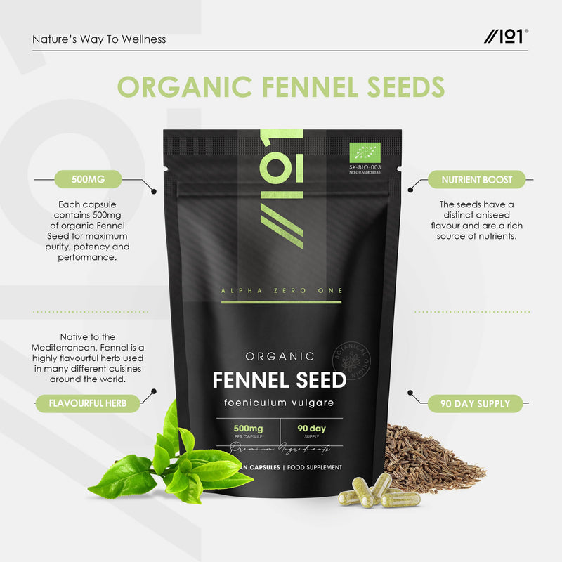Organic Fennel Seed 500mg ~ 90 Veg Capsules (3 Months Supply) ~ High Strength Foeniculum Vulgare Supplement ~ By Alpha01