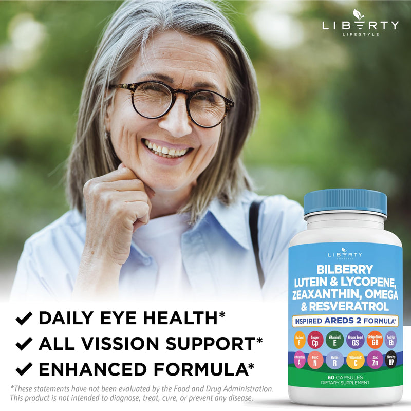 Liberty Lifestyle Eye Health Vitamins with Bilberry, Lutein & Zeaxanthin, Lycopene, Resveratrol, Grape Seed Extract, Flaxseed Astaxanthin- AREDS 2-120 Capsules 60 Count (Pack of 2)