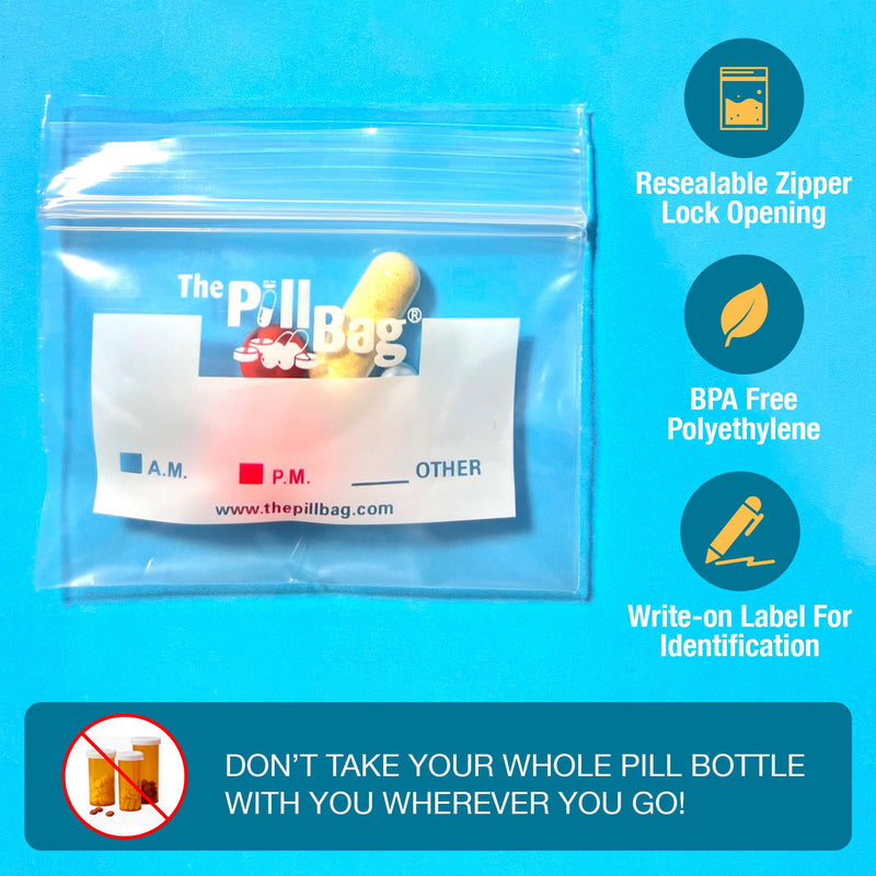 3 mil Strong, Flexible, Comfortable.The Pill Bag Medicine Pill Organizer, Resealable, Disposable Pouches for Vitamins, Gummies, Plastic Bags Travel, Walks, Exercise, Clean,Standard Size100 Count