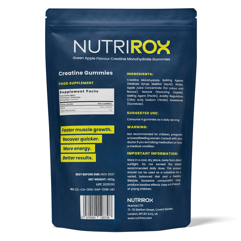 Creatine Gummies - 5000mg Creatine Monohydrate - Green Apple Flavour - 120 Gummies - Halal, Vegan, Gluten-Free - Pre/Post Workout Muscle Growth