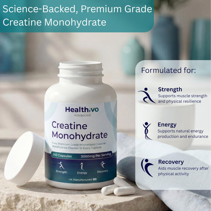 Creatine Monohydrate Capsules, 240 Tablets, 3000mg, UK Made | Micronized Creatine Capsules, Pure Creatine Tablets, Vegan Creatine for Women and Men, 60 Servings, Gluten Free