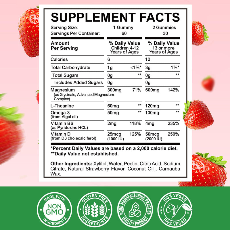 Magnesium Complex Gummies- Calm Chewable Gummies for Kids & Adults- Magnesium Glycinate Supplement-w/Omega-3, Vitamin B6, D3- Support Calm Stress Relief, Bones, Mood, Strawberry Flavor 60 Count (Pack of 1)