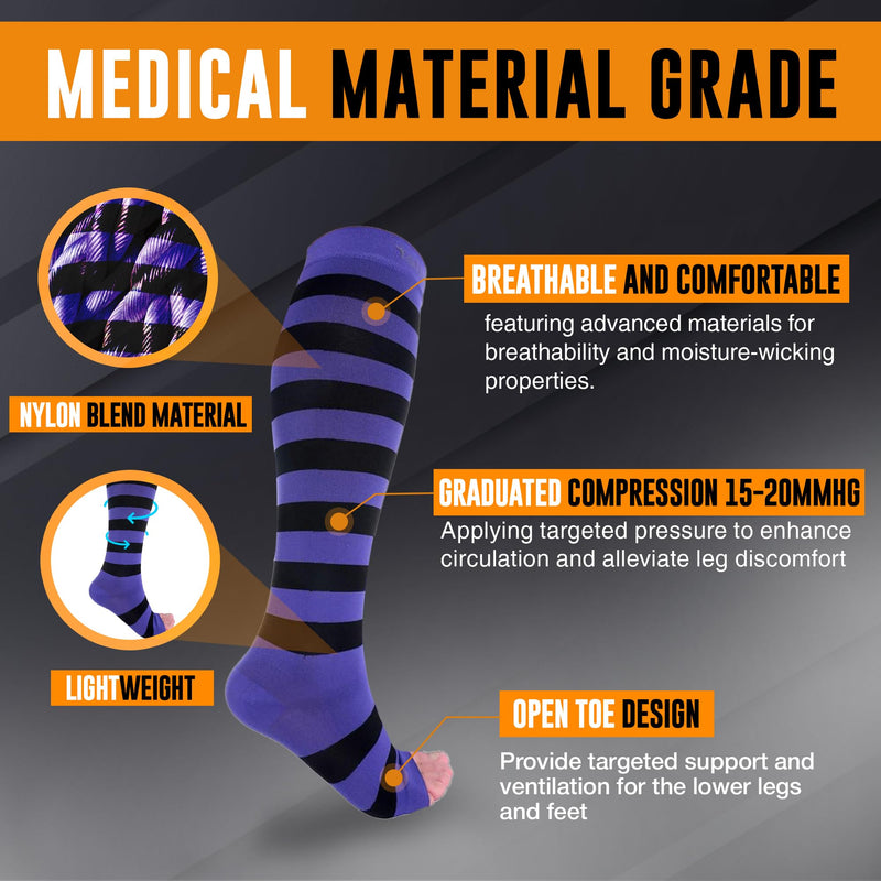 Doc Miller Compression Socks for Pregnant Women – Wide Calf, Open Toe Knee Sleeve 15-20 mmHG,Toeless Pregnancy Stockings for Varicose Veins, Footless Shin Splint Relief, 1 Pair X-Large Purple-Black
