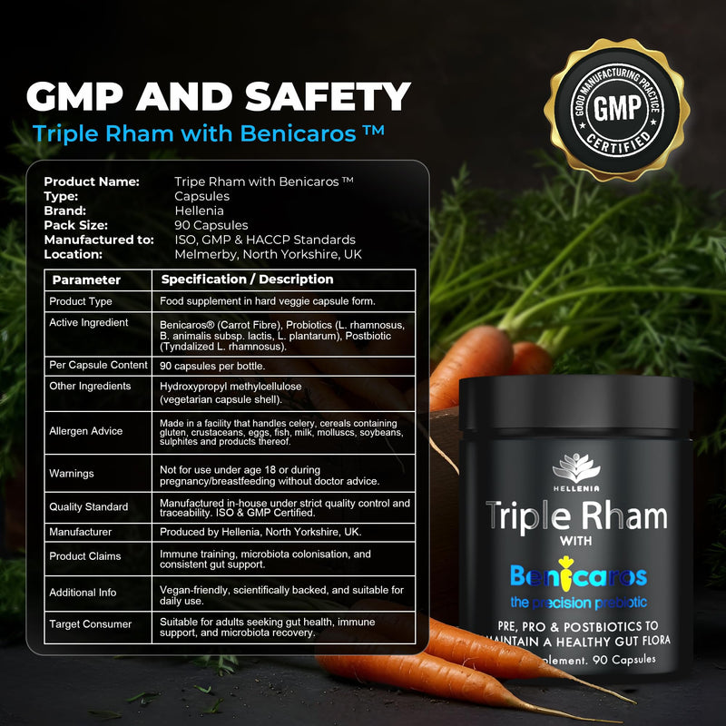 Tribiotic Capsules - Probiotics, Prebiotics & Postbiotics | Triple Rhamnosus with Patented Benicaros ® - 90 Capsules | Tribiotics Maintain a Healthy Gut Flora | GMP Certified Product, Made in The UK