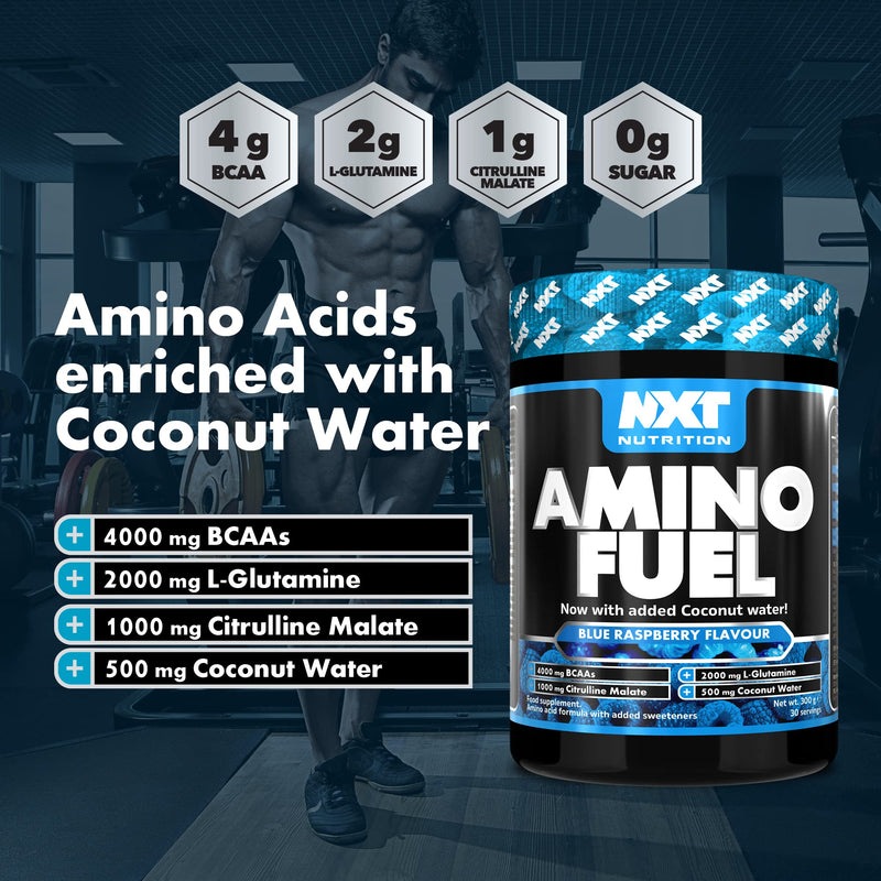 NXT Nutrition Amino Fuel Energy Drink | BCAAs Amino Acids with Beta Alanine, Vitamin D3 and Citrulline Malate – for Performance, Endurance and Energy Support | (Blue Raspberry)