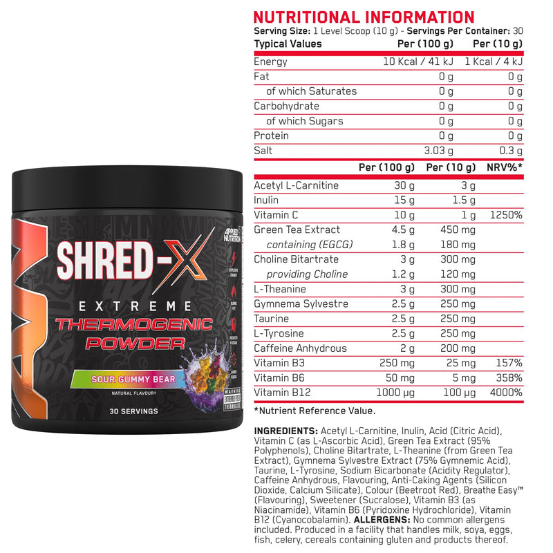 Applied Nutrition Shred X Fat Burner - ABE All Black Everything Fat Burner, Thermo Weight Management (300g - 30 Servings) (Sour Gummy Bear) Sour Gummy Bear 30 Servings (New Pack of 1)