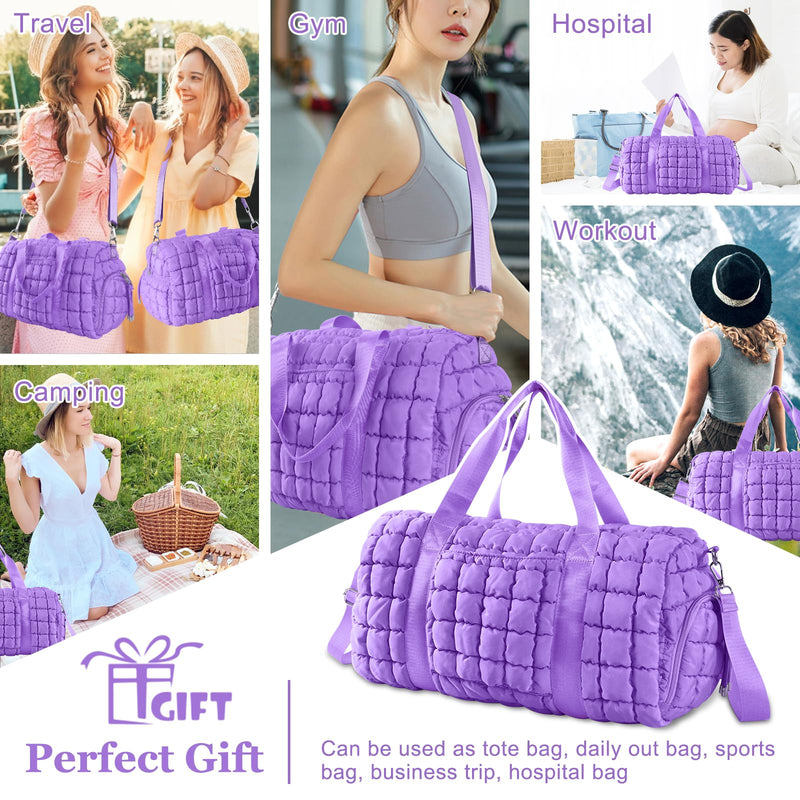 Quilted Travel Duffle Bag Gym Bag for Women,Large Puffer Duffle Weekender Bag with Compartment,Workout Overnight Carry on Organizer Bag Duffle Bag for Airplane Travel(Purple) Purple Medium
