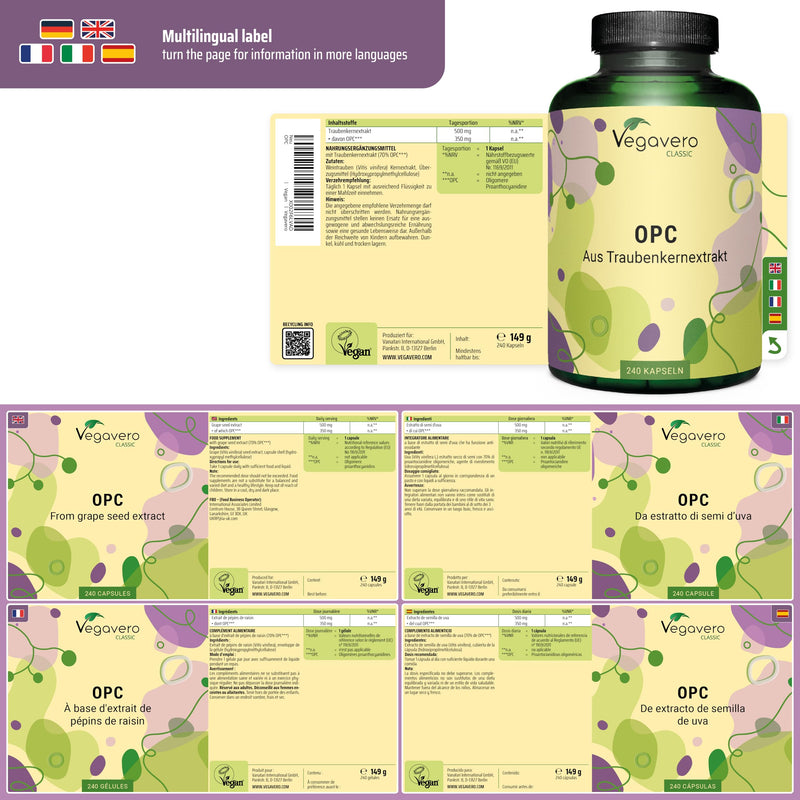 Vegavero OPC Grape Seed Extract 30:1 | High Strength from French Grapes | Standardised for OPC by HPLC | Lab Tested | NO Additives | Vegan | 240 Capsules