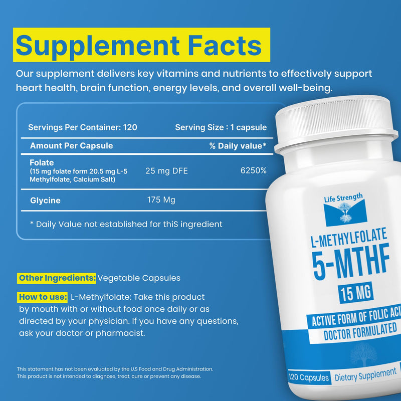 L-Methylfolate 15 MG 120 CAPSULESOptimized & Highly Bioactive Methyl Folate, 5-MTHF Supplement for Mood and Immune Support, Natural Diet Supplement for Energy, Non-GMO & Gluten-Free,