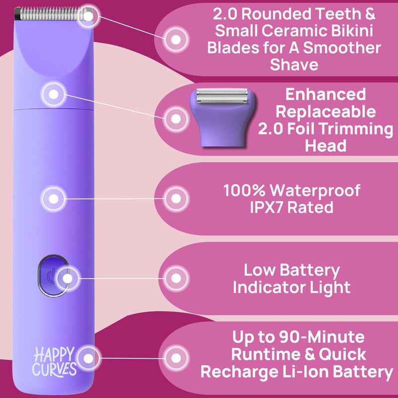 HAPPY CURVES Smoothie 2.0 Bikini Trimmer - Electric Razor for Women, Waterproof Hair Groomer with Adjustable Guards, Personal Shaver for Pubic Hair, Ladies Intimate Shaver and Body Trimmer (Berry) Berry