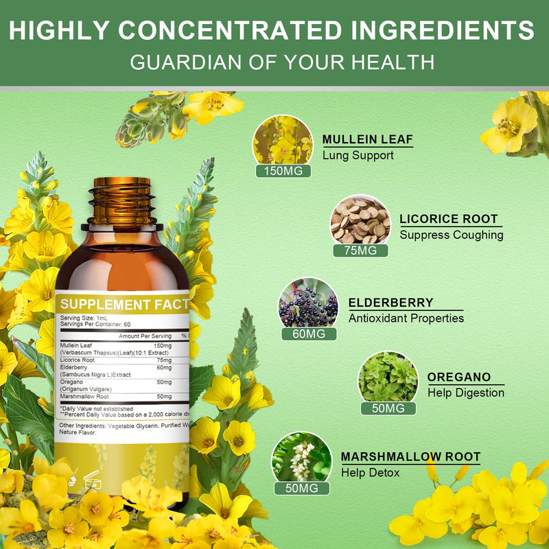 [Australia] - Mullein Drops for Lungs-Lymphatic Drainage Drops - Lung Detox for smokers-5-in-1 Herbal Extract Liquid-Mullein Leaf-Lung Cleanse-Respiratory Health Support-Non-GMO, Vegetarian-2 Fl Oz 2 Fl Oz (Pack of 1) 