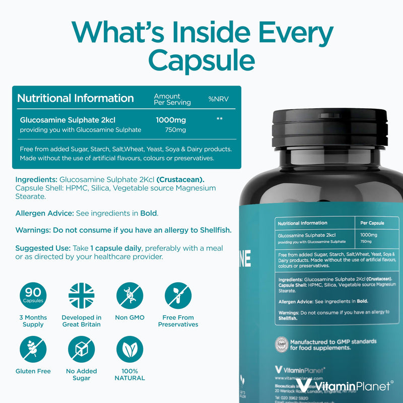 Glucosamine Sulphate 1000mg | 90 Capsules | 750mg Active Glucosamine Sulphate | Easy to Swallow | 90-Day Supply | Single Ingredient Formula | Non-GMO | GMP Manufactured