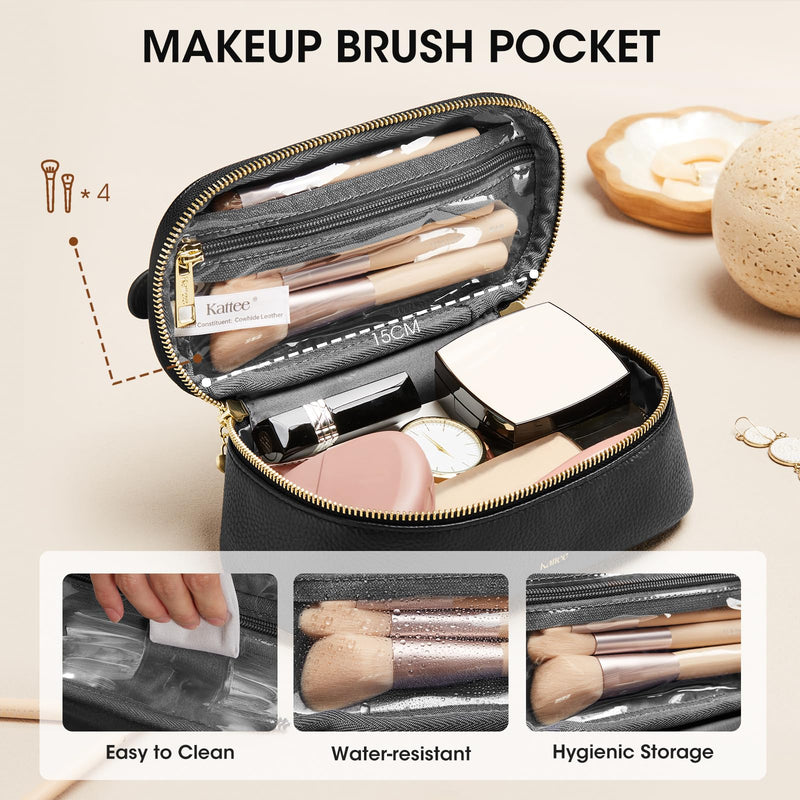 Kattee Makeup Bag for Women, Leather Cosmetic Bag, Working Makeup Bags for Ladies with Handles, Portable Travel Toiletry Bag,Black Black