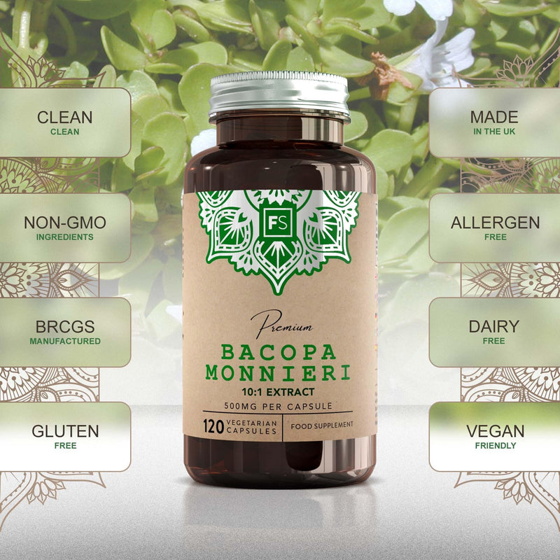 FS Bacopa Monnieri | 120 Brahmi Capsules - 500mg Bacopa Per Serving | Vegan Brahmi Powder Monnieri Capsules | Non-GMO, Gluten & Allergen Free | Manufactured in The UK