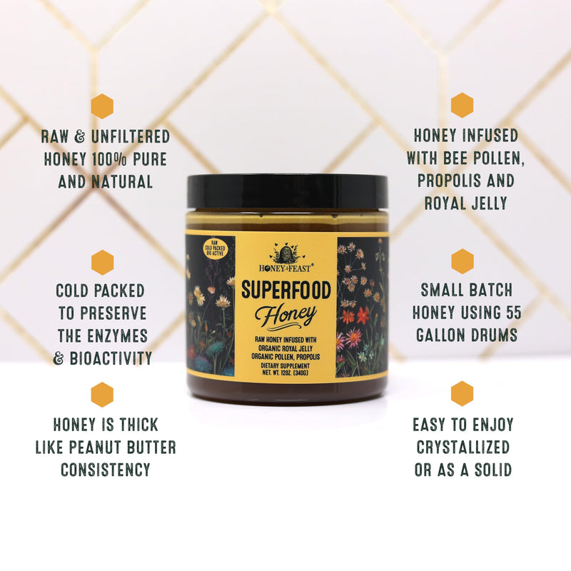 [Australia] - HONEY FEAST Flower Powered Raw Superfood Honey with Royal Jelly, Bee Pollen, Bee Propolis (12 Ounces) Cold packed and hand poured in Florida, USA 