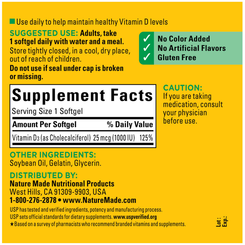 Nature Made Vitamin D3 1000 IU (25 mcg), 300 Vitamin D Softgels | Vitamin D Supplement for Immune, Bone, Teeth and Muscle Health Support, 300 Day Supply 300 Count (Pack of 1)