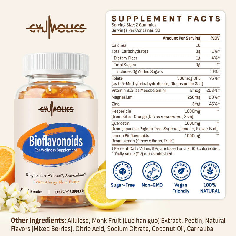 Flavonoids Supplements Gummie Flavonoid for Tinnitus 120 Gummies | Bioflavonoid Ear Vitamins Complex with Hesperidin, Quercetin, Lemon Bioflavonoids & Vitamin C 120 Count (Pack of 1)