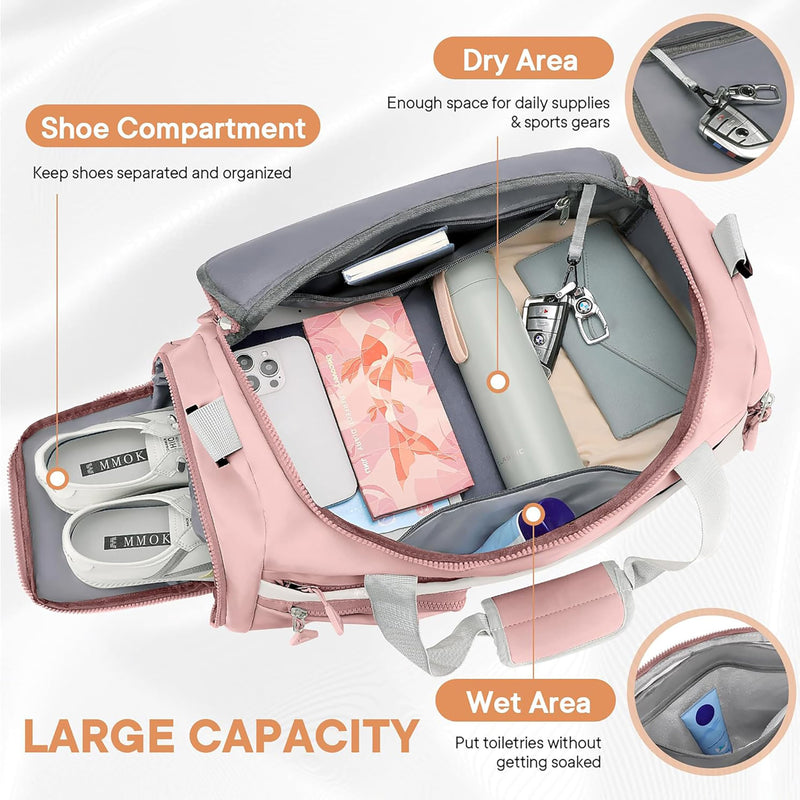 Storite Travel Duffle Bag with Shoe Compartment, Light Pink, 50x25x27 cm | Water Resistant Nylon, Lightweight, Multi-Pocket, Wet Pocket, Adjustable Shoulder Strap, Travel, Gym, Overnight Use Style - 2