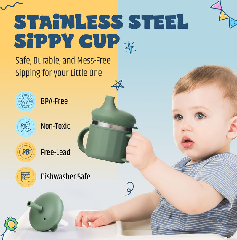 [Australia] - Jumble Dream Baby & Toddler Stainless Steel Sippy Cup Silicon Training Stainless Steel Kids Cups with Straw, Babies Tumbler with Straw No Spill | 6-24 Month Toddler Sippy Cup (Sage Breeze) Sage Breeze 