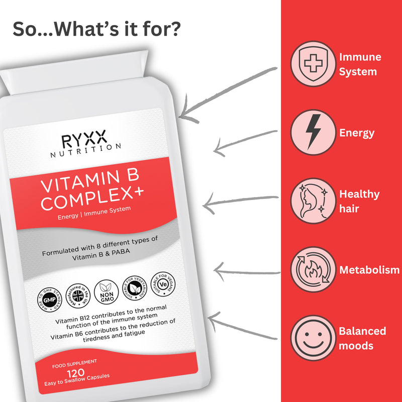 Vitamin B Complex+ | High Strength & High Absorption B Vitamins | 120 Vegan Capsules | with B6, B12 & Folate for Energy & Tiredness Reduction | Made in the UK by RYXX