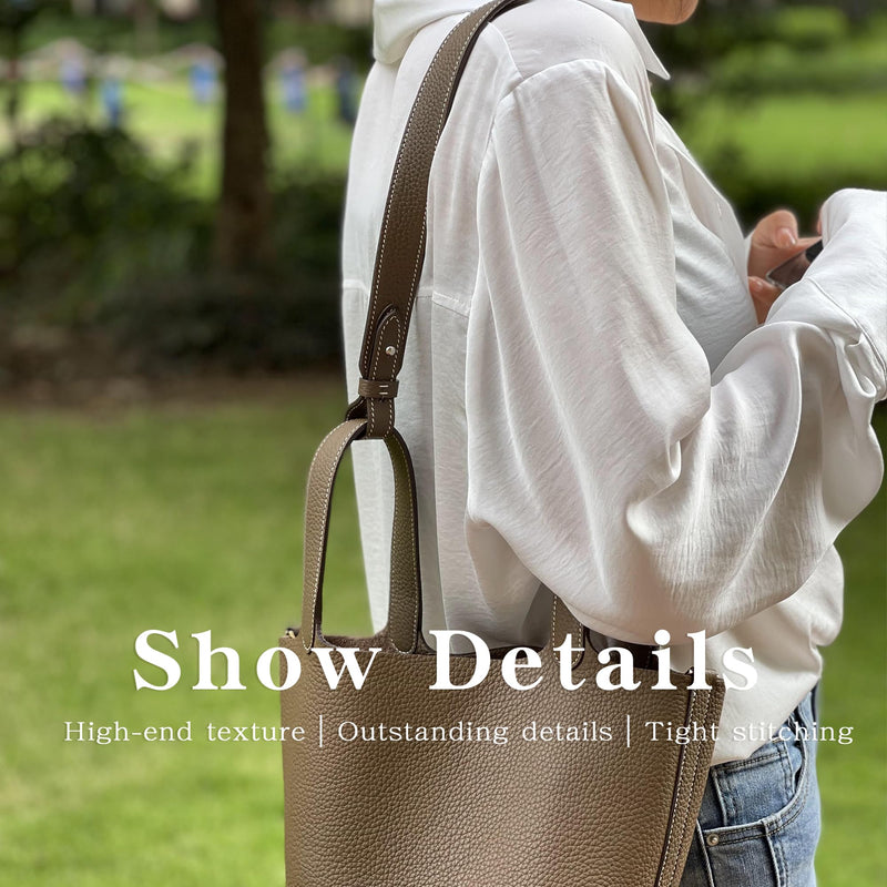 TC Leather Strap for Hermes Picotin/Lindy/Evelyne Bag (Etoupe Grey) | 【39.4 Inch Long, 1.5 Inch Wide, Silver Studs】 Etoupe Grey (Silver Studs) 【1.5 inch Wide】 39.4inch long