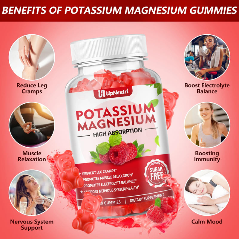 [Australia] - Potassium Magnesium Supplement Gummies for Adults Kids, Sugar-Free Potassium Gummies Supports Leg Cramps & Muscle & Immune Health, High Absorption Magnesium Gummies Raspberry Flavor 120 Cts 60 Count (Pack of 2) 