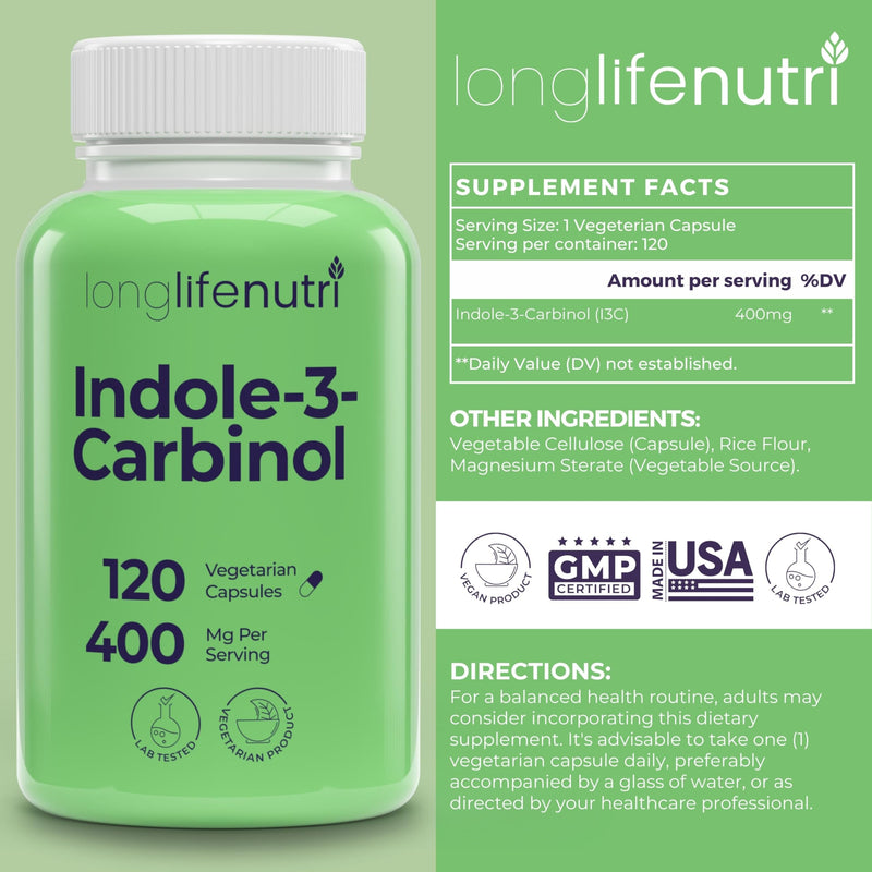 LongLifeNutri Indole-3-Carbinol 400mg - 120 Vegeterian Capsules, 4-Month Supply, Organic Supplement for Hormone Balance & Cellular Health, Lab Tested, Made in USA 120 Count (Pack of 1)