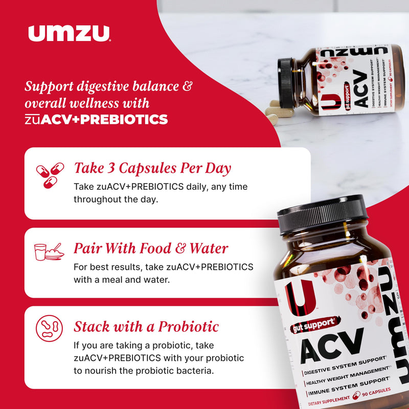 UMZU zuACV Apple Cider Vinegar Capsules, 30 Day Supply | ACV and Inulin Prebiotic Fiber Blend, Gut Health Support, Digestive Health, Daily Wellness and Microbiome Balance