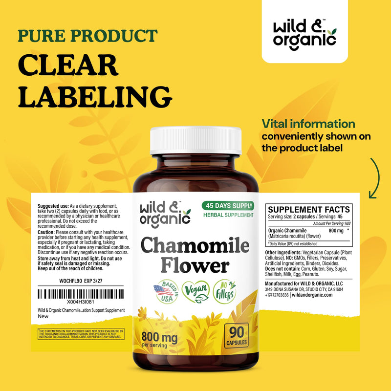 [Australia] - Wild & Organic Chamomile Capsules 800 mg - Relaxation & Digestive Support - Herb Chamomile Powder Supplement - Matricaria Recutita Flower - Vegan, No Fillers, Non-GMO - 90 Count 