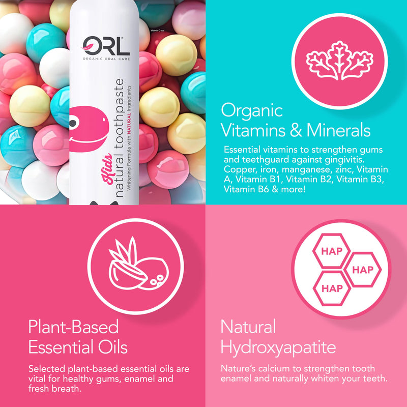 [Australia] - ORL Fluoride-Free, Natural Hydroxyapatite Toothpaste, Organic Xylitol. Helps Strengthen Teeth, Prevent Cavities, Non-Toxic Ingredients. Natural Bubblegum Flavor 4 oz. Made is USA 