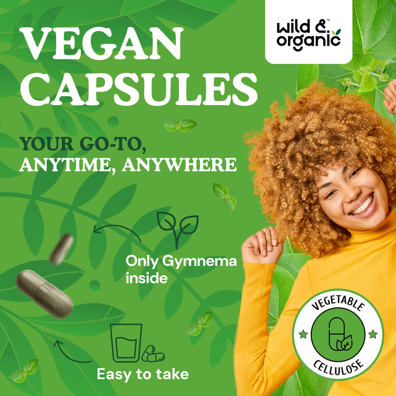 [Australia] - Wild & Organic Gymnema Sylvestre Capsules 600 mg - Overall Support - Gymnema Sylvestre Supplements - Gurmar Leaf Powder - 60 Days of Supply - Vegan, No Fillers, Non-GMO - 60 Count 