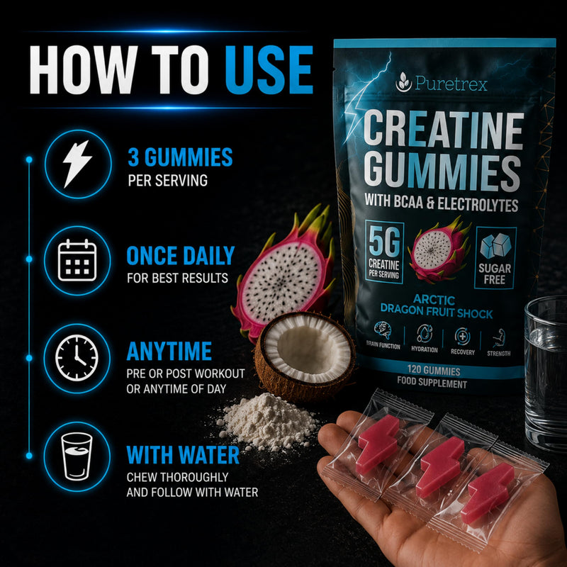 Puretrex Creatine Monohydrate Gummies 5000mg, UK Made Creatine Gummies with BCAA & Electrolytes, Muscle Strength Recovery & Hydration Support, Sugar Free Formula, Arctic Dragon Fruit, 120 Count