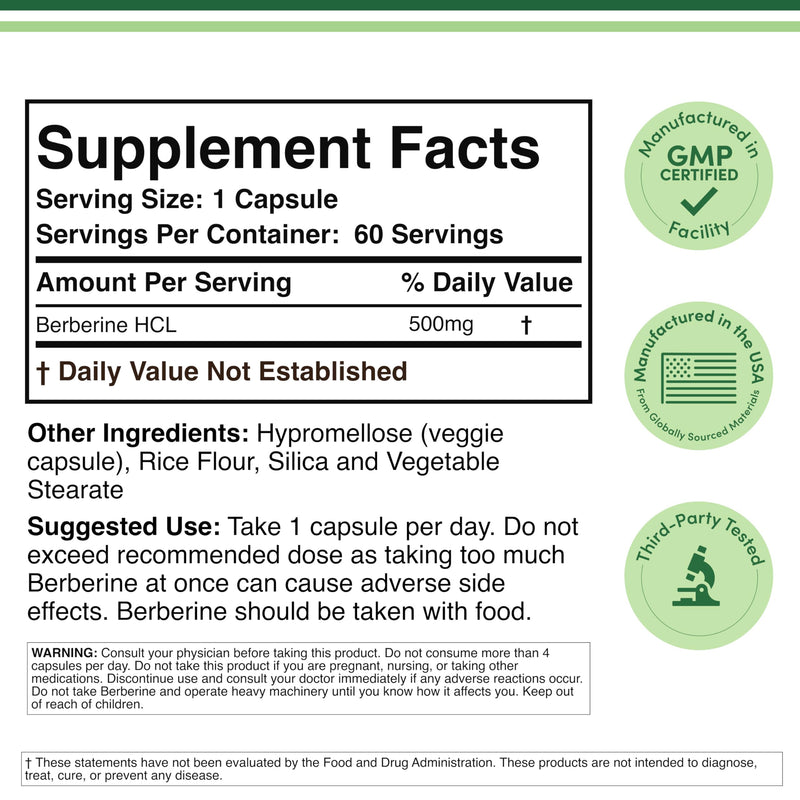 [Australia] - Berberine Supplement 500mg, 60 Capsules (Third Party Tested, Non-GMO, Gluten Free, Vegan Safe) AMPK Activator - Berberine HCL for Cardiovascular Health by Double Wood 60 Count (Pack of 1) 