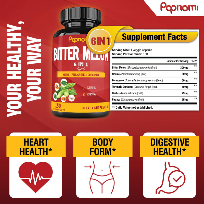 [Australia] - Organic Bitter Melon Extract Capsules - Combined Neem, Fenugreek, Curcumin, Garlic & Papaya - 150 Count for 5 Months - Supports Body, Digestive, Skin, Immune & Overall Wellness 