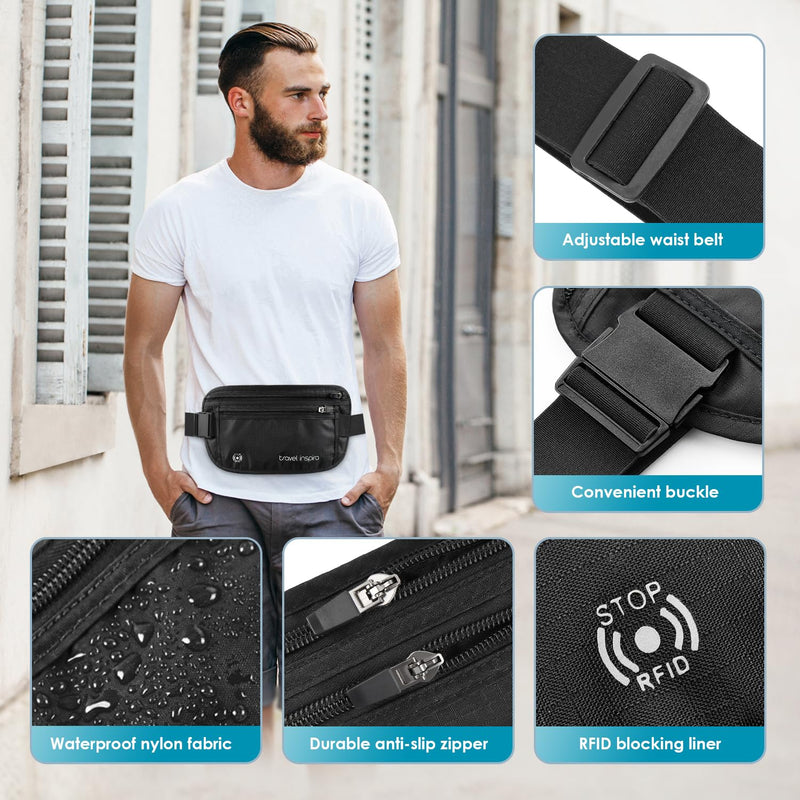 travel inspira Travel Money Belt with Anti-Theft Zipper Upgrade Larger Slim Travel Pouch with RFID Blocking Fabric to