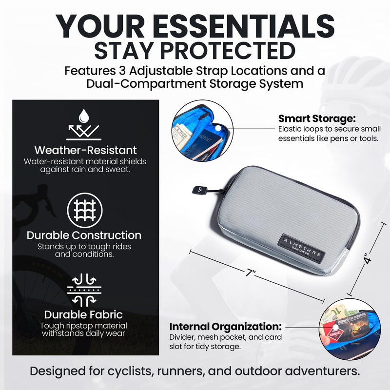 Ride Wallet 7”x4” | Waterproof Cycling Wallet for Phone, Cards & Essentials | Durable Ripstop Nylon – Fits Most Phones & Passports | Secure Storage for Biking & Travel Sterling Silver