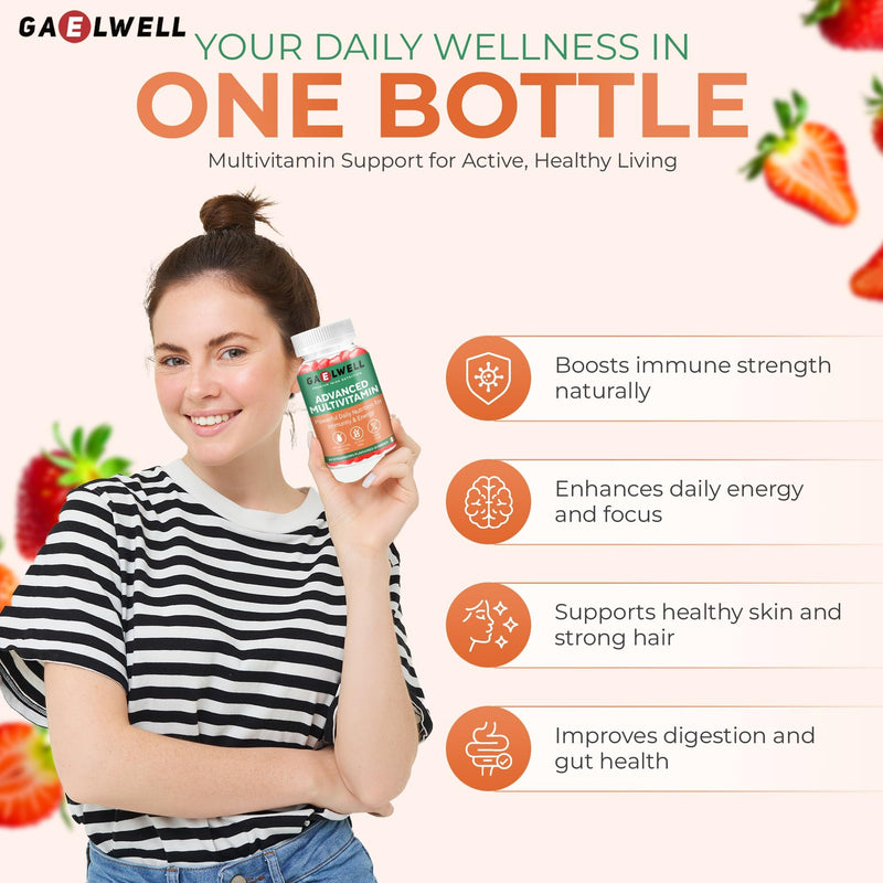 Multivitamin Gummies for Adults | 12 Essential Vitamins & Minerals with B-Complex, Zinc & Magnesium | Gluten & Sugar Free | Daily Supplement | Strawberry Flavour | 60 Gummies Gaelwell®