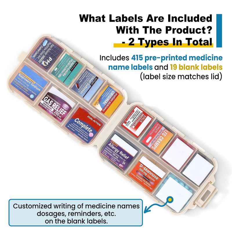 14 Grids Travel Pill Organizer Box with 415-Pcs Medicine Name Labels - Pocket Daily Pharmacy Case Container Kit - Travel Medication Holder Dispenser for Fish Oil Vitamin Supplement Storage - Khaki with Bulk Med Labels