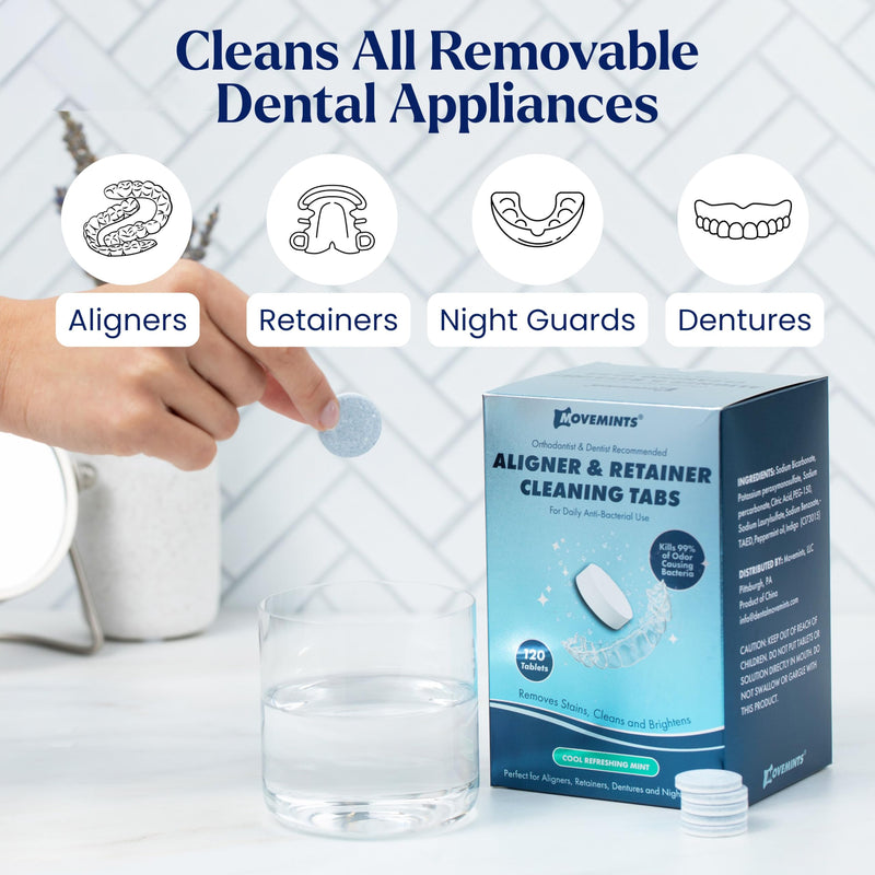 [Australia] - Movemints Cleaning Tablets for Aligners, Retainers, Dentures, Night Guard – Ultrasonic Compatible – Freshen Appliance and Remove Stains, Odors, and Plaque – Mint, 120 Count 