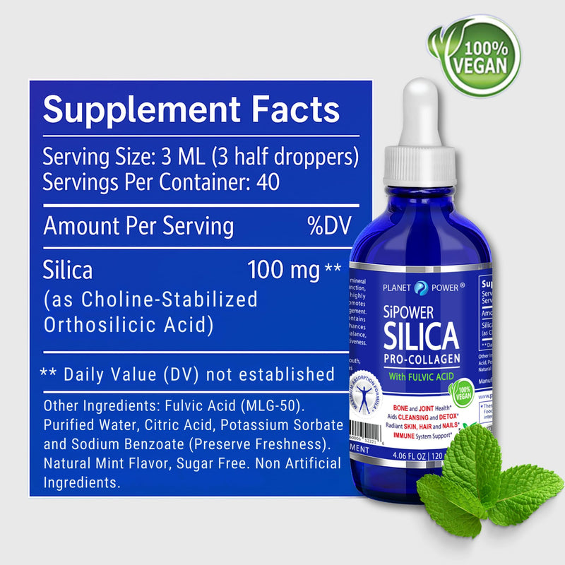 SiPower Silica Vegan Collagen, Supplement Drops-Liquid Mineral Orthosilicic Acid (CH-OSA) + Fulvic Acid. Natural Collagen Booster for Joints, Bones, Hair, Skin, Nails, Immune & Digestive Health-4oz