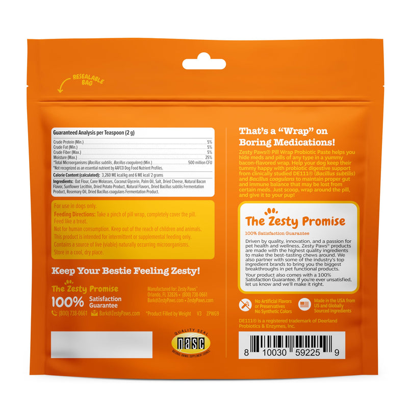 Zesty Paws Pill Wrap Probiotic Paste for Dogs - Immune & Digestive System Support - Bacon Flavor - with DE111 Bacillus subtilis - Pockets Any Pill, Tablet & Capsule for Your Dog - 4.2oz - 60 Portions - PawsPlanet Australia