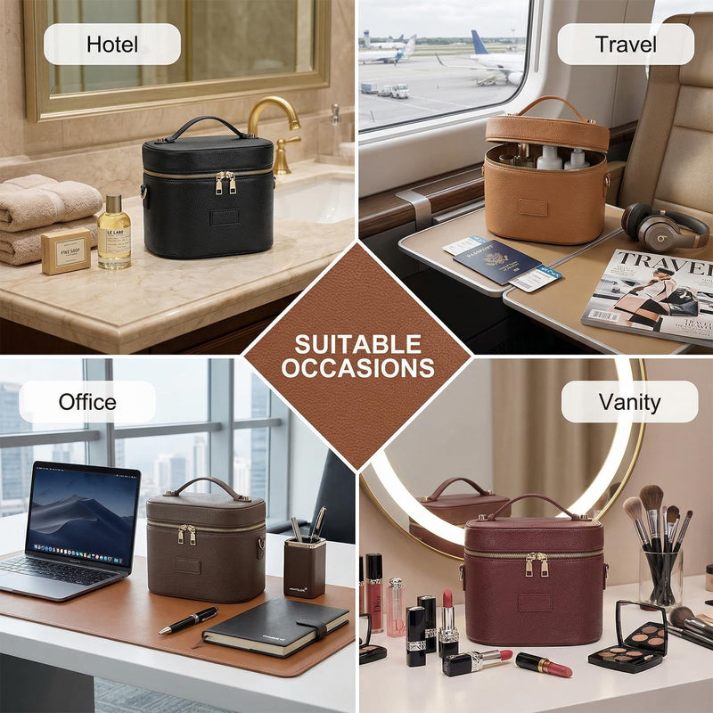 BAGOK Leather Vanity Case Makeup Bag with Removable Divider, Washable Compartments, Dual Zipper & Carry Handle – Travel Toiletry Organizer for Women Coffee
