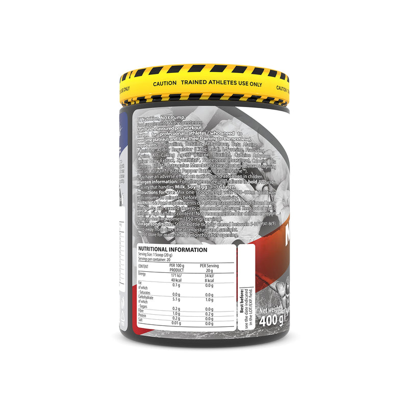 DY Nutrition - NOX Pump Pre Workout Powder | 350mg Caffeine | Fruit Punch Flavour | High Performance Preworkout for Focus, Pump & Energy with L-Citrulline, Beta Alanine, L-Tyrosine. 400g. 20 Servings