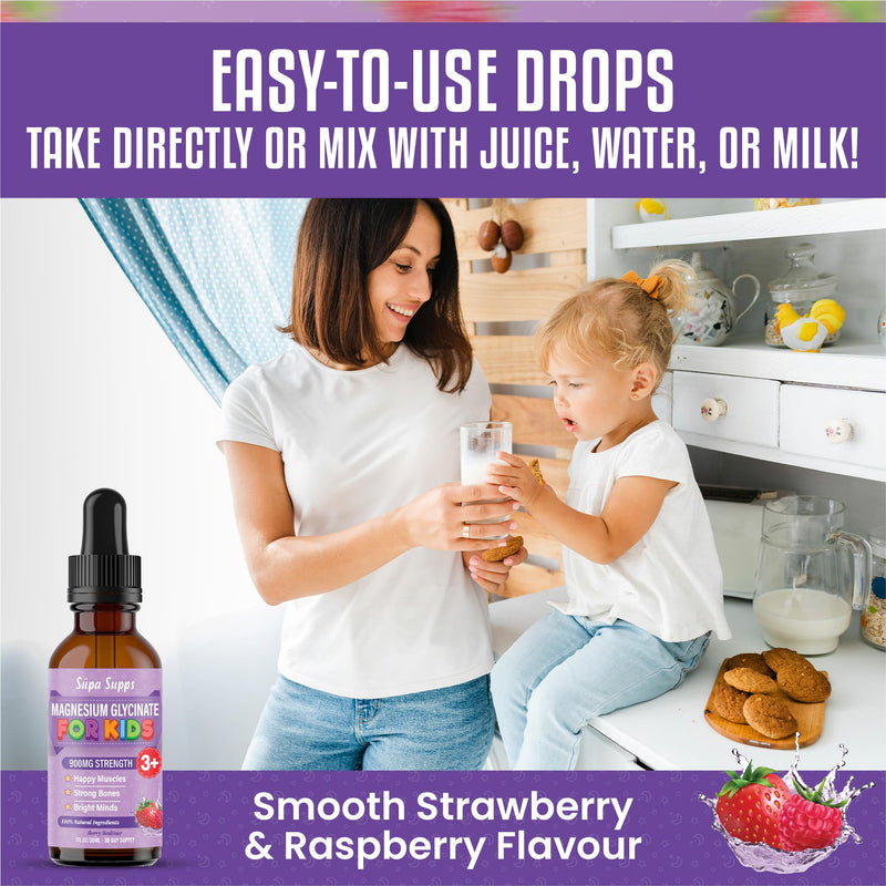 Kids Magnesium Glycinate 30ml - Berry Bedtime | Supa Supps Liquid Magnesium Glycinate 3-in-1 Drops Support Relaxation, Calm, Balanced Energy, Focus & Growth | Easy Daily Supplement 1 Months Supply