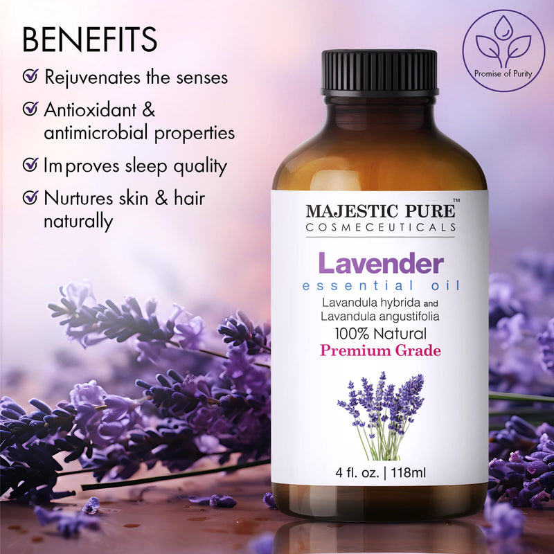 [Australia] - MAJESTIC PURE Lavender Essential Oil - Huge 4 fl oz with Glass Dropper | 100% Pure and Natural Lavender Oil | Premium Grade Essential Oils for Diffusers, Skin, Aromatherapy, Massage 4 Fl Oz (Pack of 1) 