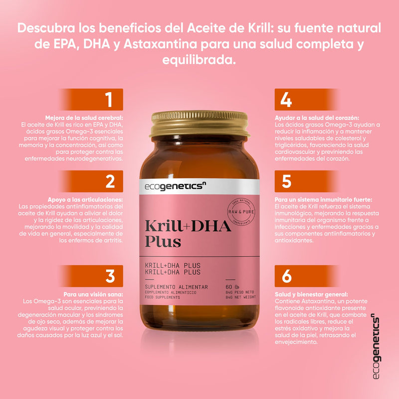 [Australia] - ECOGENETICS - Krill Oil + DHA Plus 60 soft capsules | Premium source of Omega 3 (415mg per capsule) for cardiovascular health | Brain Booster Ideal for concentration & memory 