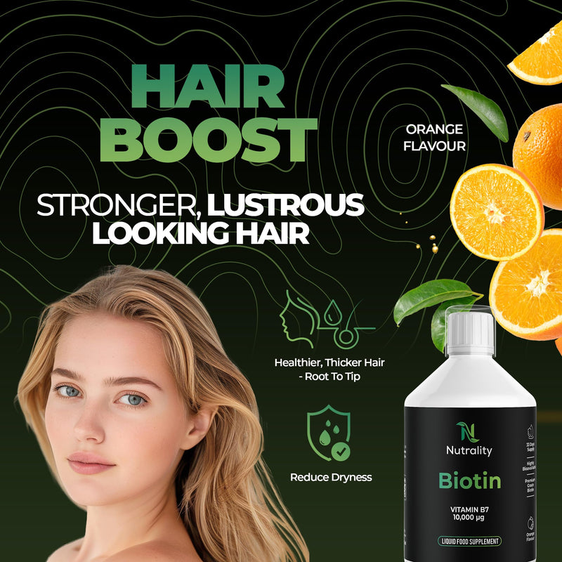 Liquid Biotin 10,000mcg | Orange Flavour | 33 Day Supply | 500ml | Hair Growth Vitamins & Biotin Supplements | Extra Strength Vitamin C & B7 for Hair, Skin & Nails | 3X Absorption
