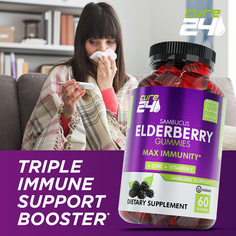 [Australia] - Sambucus Elderberry Gummies for Adults & kids, Black Elderberry Vitamin C and Zinc Supplements, Triple immune support Supplement, 60 chews, Made in USA 