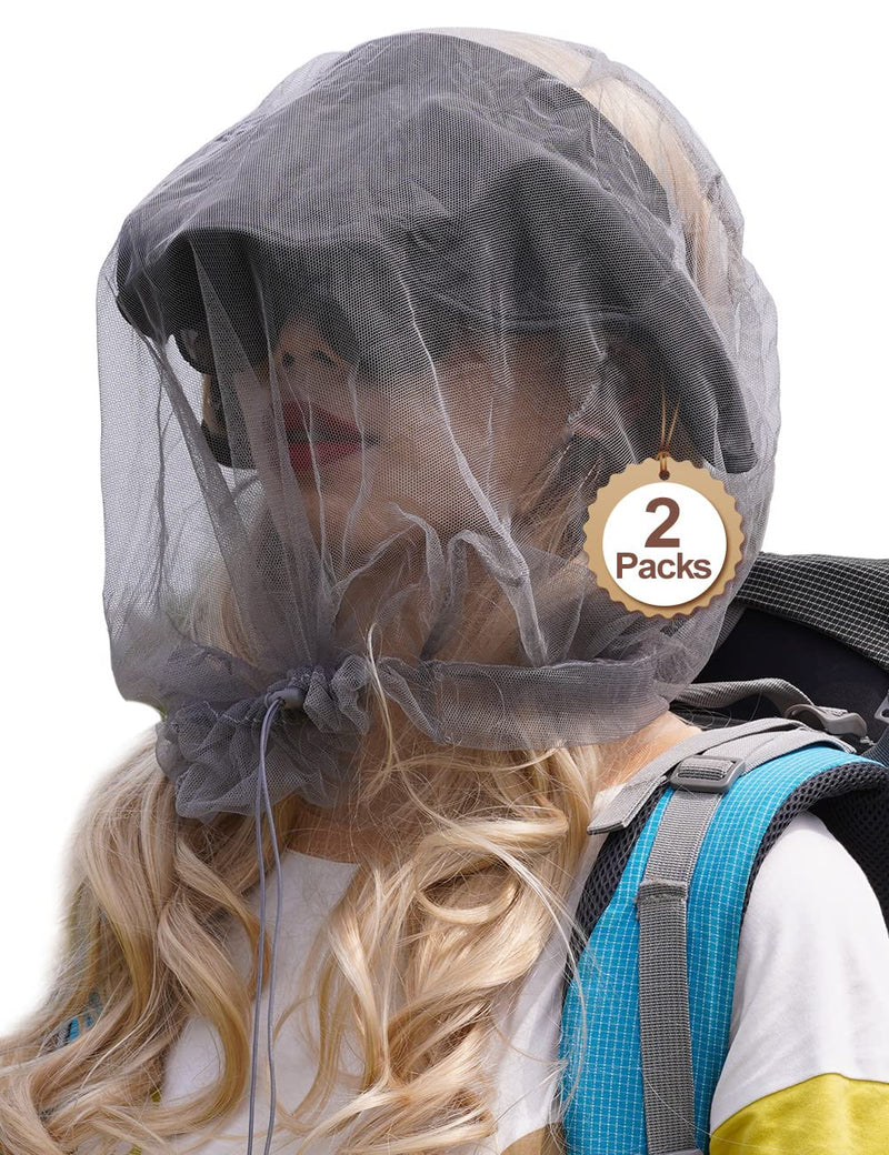 [Australia] - Wohohoho Mosquito Head Net Mesh With Drawstring, Bug Face Shield for Hats, Beekeeper Mask Protection for Men & Women Against Midges, Bugs & Gnats (2 Packs, Grey, Updated Big Net) 2pcs Gray 